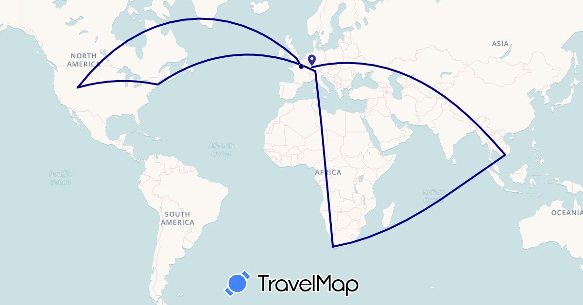 TravelMap itinerary: driving in France, United Kingdom, Liechtenstein, United States, Vietnam, South Africa (Africa, Asia, Europe, North America)